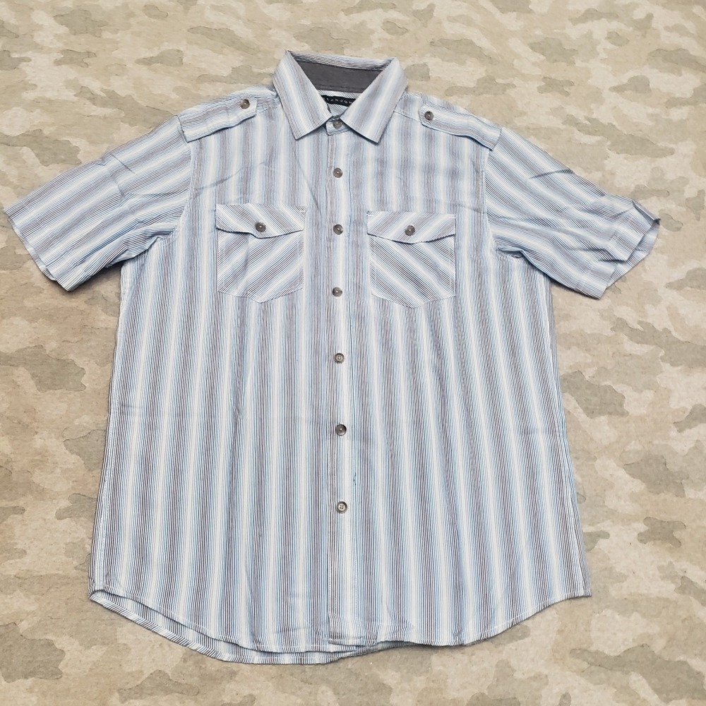 Sean John Shirt Mens Medium Blue‎ Striped Short Sleeve Button Up